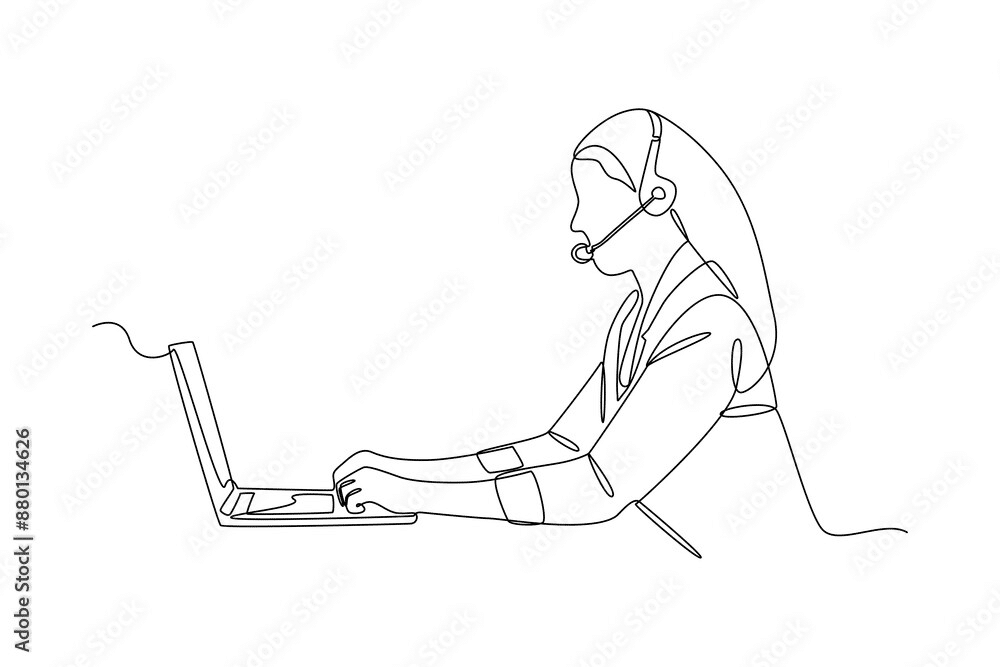 A line illustration of a woman at a laptop and wearing a headset